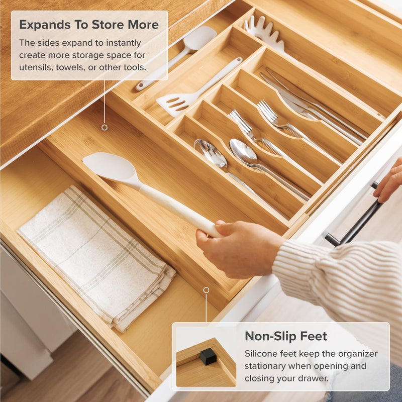 KitchenEdge Premium Silverware, Flatware and Utensil Organizer for Kitchen Drawers, Food-Safe Contract Grade, Expandable from 14 to 25 In, Natural Bamboo - Image 5